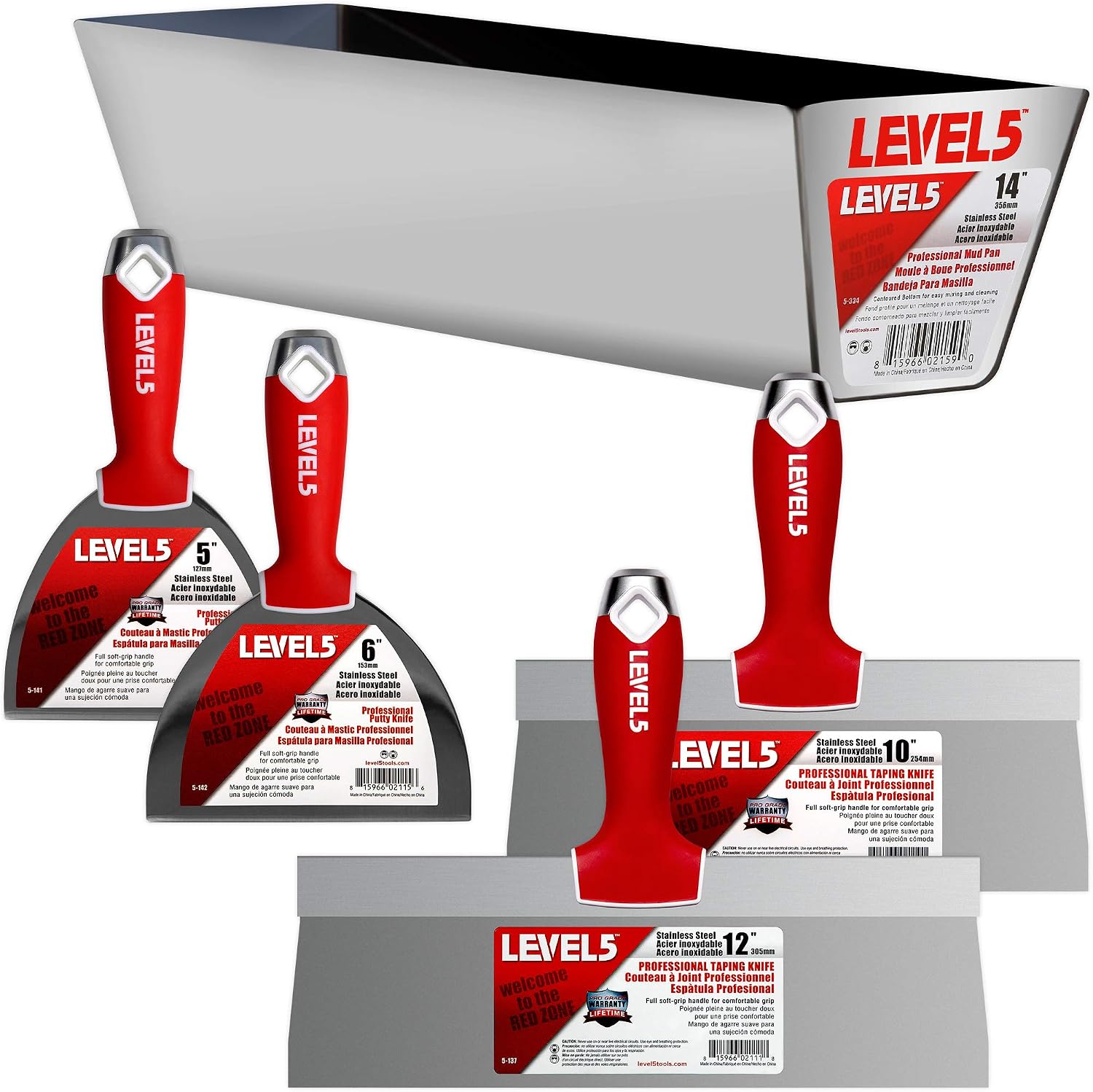 LEVEL5 drywall finishing knife set with stainless steel mud pan